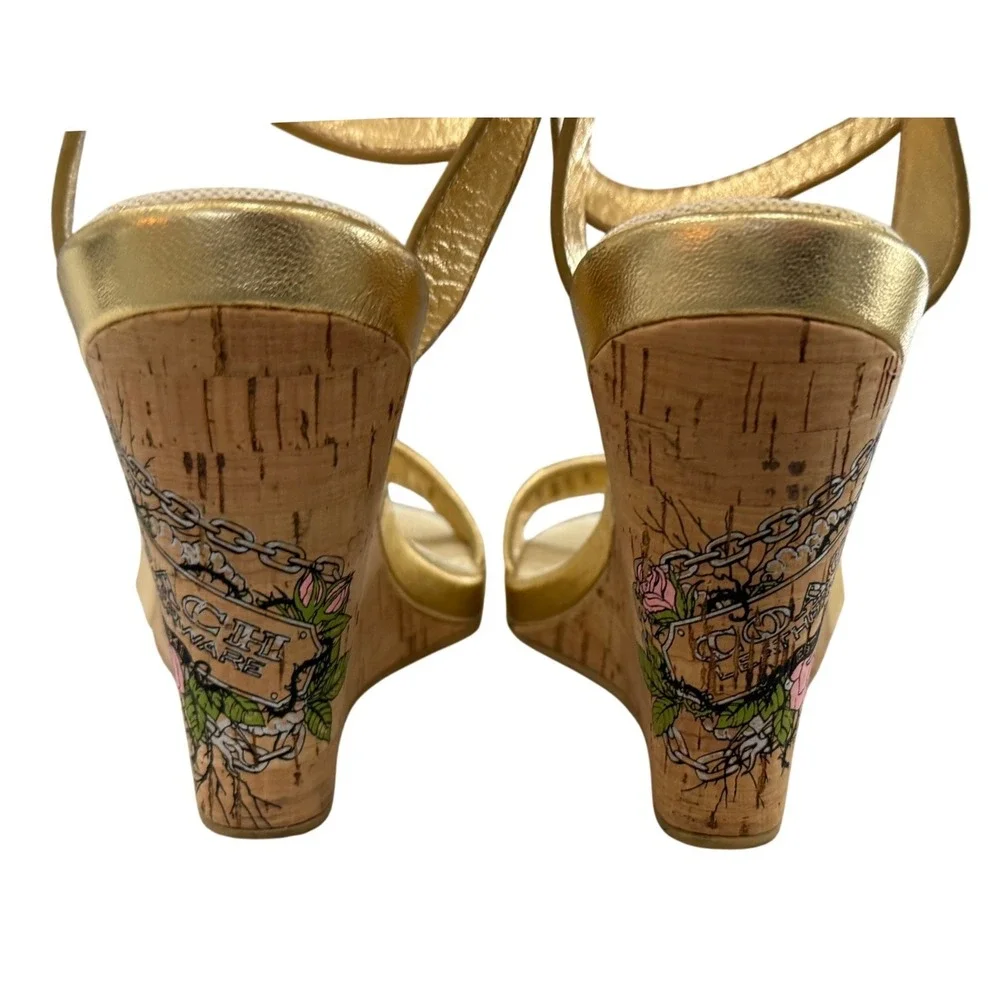 Coach Floral Cork Wedge Sandals Gold Leather Chain Accent Ankle Strap Size 8B